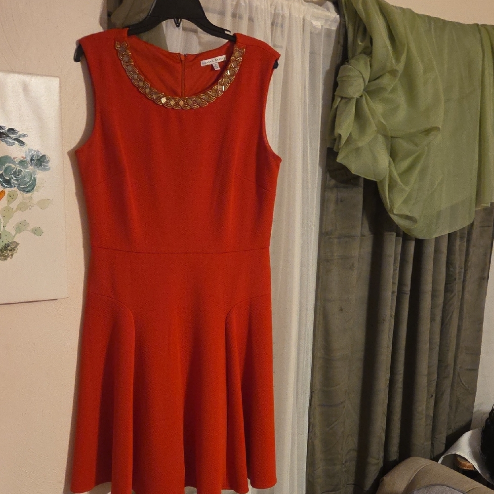 Sandra Darren Orange Mini Dress with Gold Accents